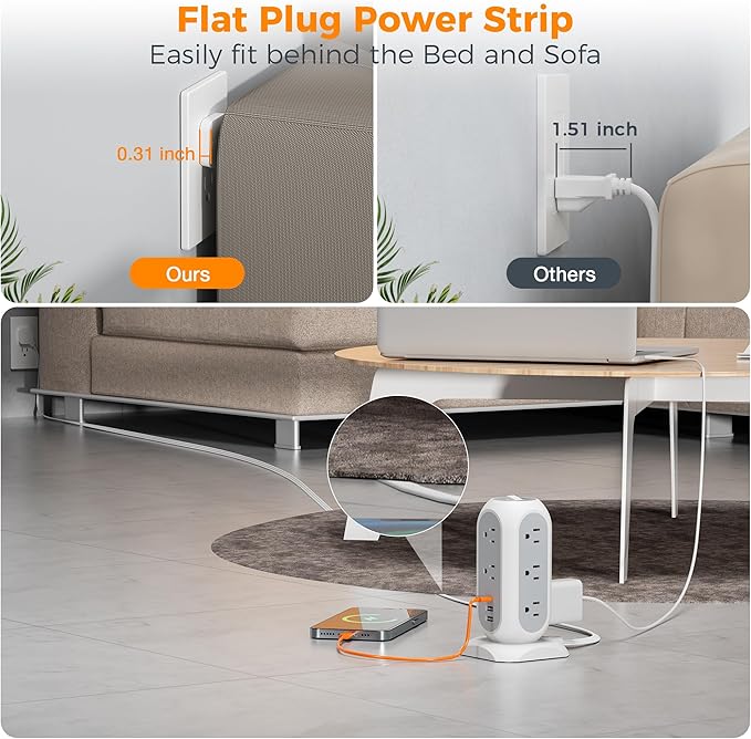 Surge Protector Power Strip Tower 10 Ft, TESSAN Flat Plug Extension Cord with 11 AC Outlets 3 USB Ports (1 USB C), 1050J Protection Charging Station for Home, Office Supplies, Dorm Room Essentials