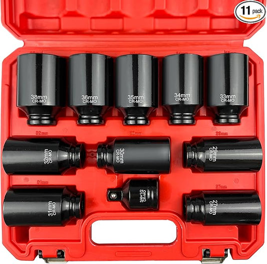 11PCS 1/2" Axle Nut Socket Set,Drive Spindle Wheel Axle Nut Wrench Large Sockets,CR-MO Steel,6-Point,(27,29,30,31,32,33,34,35,36,38mm,3/4 to 1/2 Adapter)