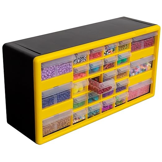 Akro-Mils 10126 26-Drawer Plastic Drawer Storage Cabinet for Garage Organization, Bead Organizer, Lego Storage, Teacher Toolbox, Makeup Organizer, and More, 20-Inch W x 6-Inch D x 10-Inch H, Yellow