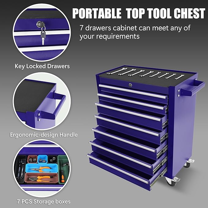 7 Drawer Metal Tool Chest 30 inch,Tool Cart On Wheels with Wheels,Mechanic Tool Cart with Lock and Toolboxes Trays for Garage Tool Storage Cabinet,(Blue)