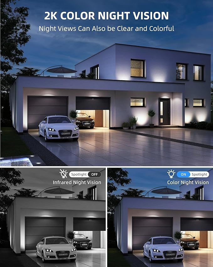 2K Solar Cameras Outdoor Wireless, Security Cameras Wireless Outdoor, Battery Powered cam with Spotlight, 2-Way Talk, PIR Motion Detection, Color Night Vision, 360° PTZ, Siren, Compatible with Alexa