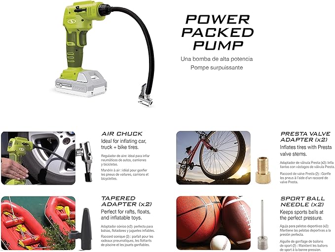 Sun Joe 24V-AJC-AJV-LTE 24V IONMAX High Volume Inflator & Portable Air Compressor Kit, w/ 2.0-Ah Battery + Charger, Storage Bag, 3 Inflation Adapters, and Nozzle Pin Attachments