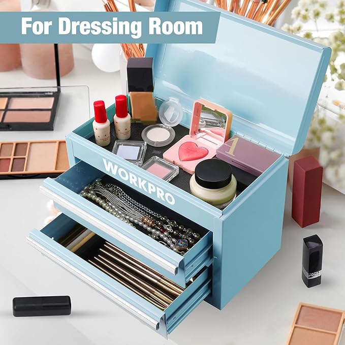 WORKPRO Mini Metal Tool Box with 2 Drawers and Top Storage, Small Tool Chest with PVC Liners and PP Feet Pads, Cold Rolled Steel Toolbox with Magnetic Tab