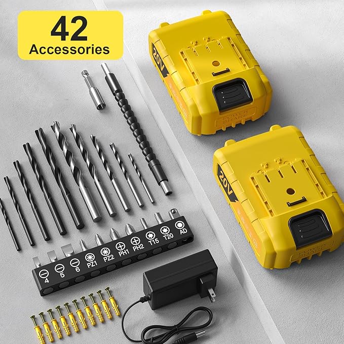 Cordless Drill, 20V Power Drill, Double 2000mAh Batteries Electric Drill, Cordless Drill with Battery and Charger, 3/8" Keyless Chuck Battery Drill with 25+1 Max 370 In-lb Torque, 42Pcs Drill Bits