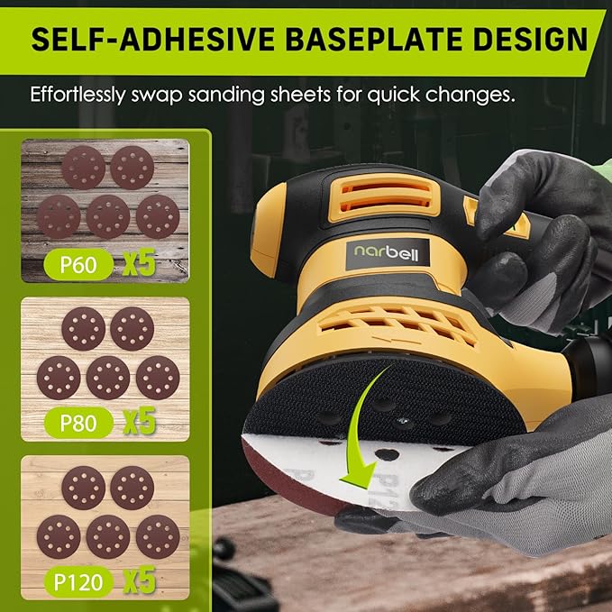 Orbital Sander 3.0AMP(360W),14000RPM Random Orbit Sander Tool with 6 Variable Speeds, 5" Electric Palm Sander Kit with Dust Bag,15pcs Sandpapers for Woodworking & Sanding，Yellow
