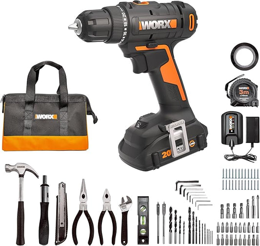 Worx 20V 3/8" Cordless Drill with 84pc Accessory Kit, Variable 2-Speed Drill Set 265 In-Lbs Torque 20+1 Clutch, Lightweight Compact Drill Driver 3/8-Inch Keyless Chuck – Battery & Charger Included