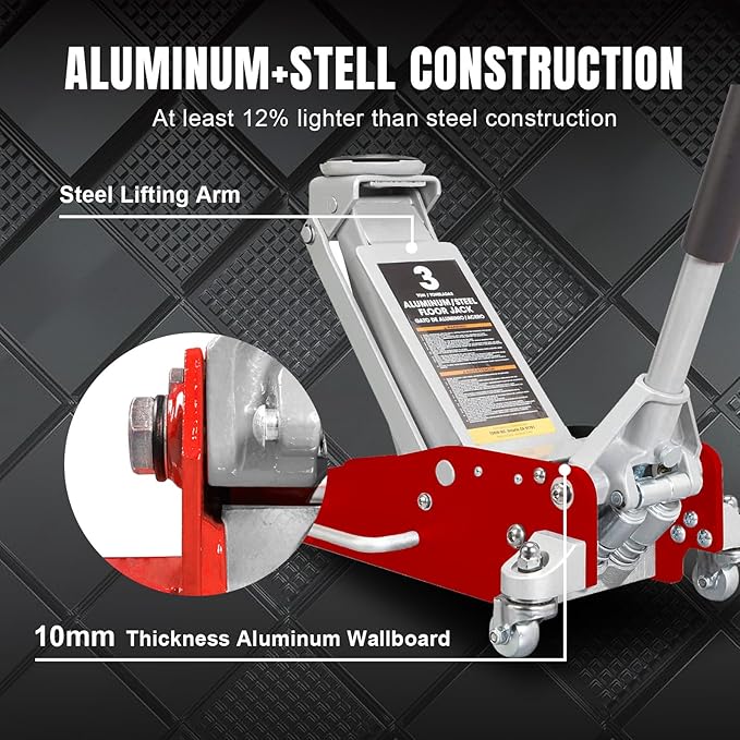 BIG RED TAM830011L Torin Hydraulic Low Profile Aluminum and Steel Racing Floor Jack with Dual Piston Quick Lift Pump, 3 Ton (6,000 lb) Capacity, RED