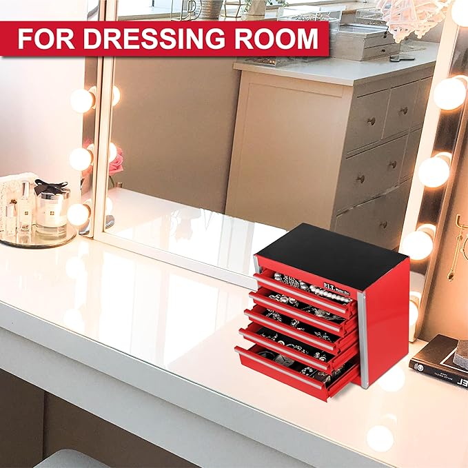 P.I.T. Mini Red Tool Box, Portable 5-Drawer Micro Roll Cab Steel Stackable Tool Box with Liner, Red Small Tool Case for Tools Storage and Organizers, Home DIY