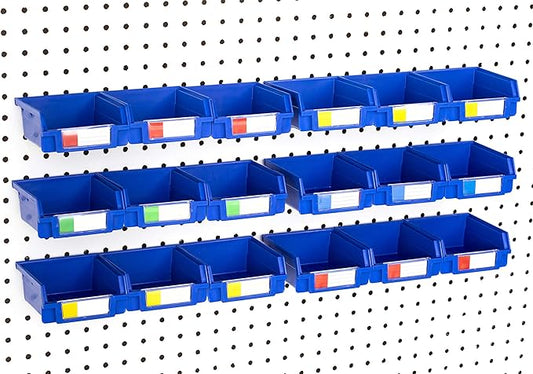 Pegboard Bins – 18 Pack Blue - Hooks to Any Peg Board - Organize Hardware, Accessories, Attachments, Workbench, Garage Storage, Craft Room, Tool Shed, Hobby Supplies, Small Parts