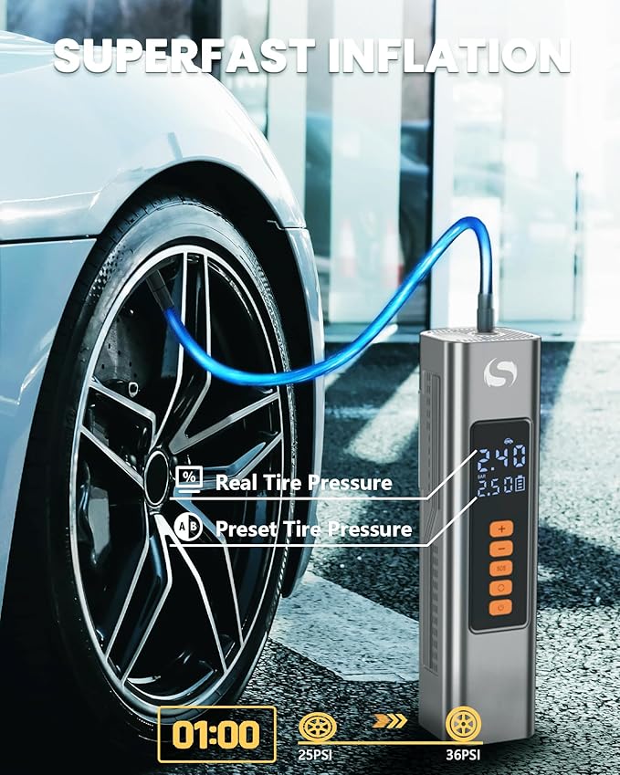 Tire Inflator Portable Air Compressor, Electric Ball Pump with Digital Pressure Gauge, LED Light, Ball Accessories Essential for Men, 150PSI Cordless Tire Inflator for Basketball, Soccer