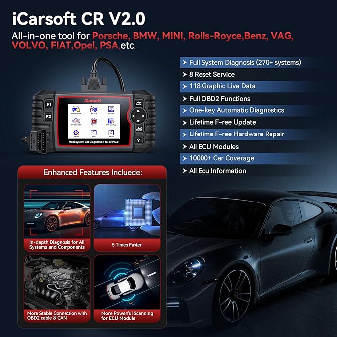 iCarsoft CR V2.0 OBD2 Scanner for Porsche/BMW/VAG/Volvo,etc,8 Resets/Full Systems/Battery Reset, Auto Diagnostic Tool ABS SRS SAS Transmission Code Reader, 118 Live Data Check Engine Light Scan Tool