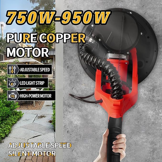 Drywall Sander with Vacuum, 950W High Power Foldable Popcorn Ceiling Removal Tool, 7-Speed Variable, 900-2600RPM, with LED Light and 12 Grinding Wheels, Retractable Handle, for Sanding Walls, Floors