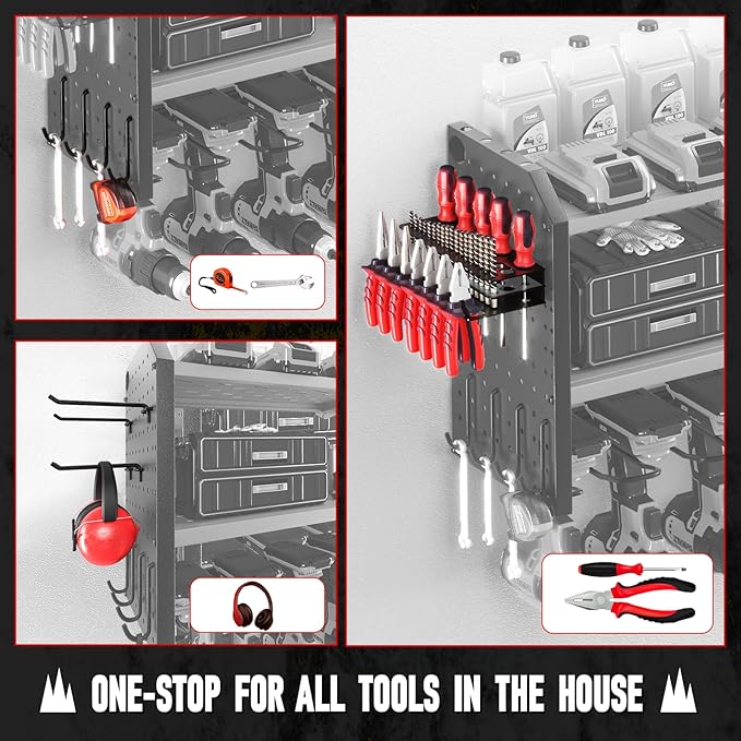 KAFAHOM Power Tool Organizer for Tool Storage, Drill Holder Wall Mount With 2 Side Pegboards, Metal Tool Shelf with 12 Hooks, Tool Organizers Storage Rack, Utility Cordless Drill Rack Red