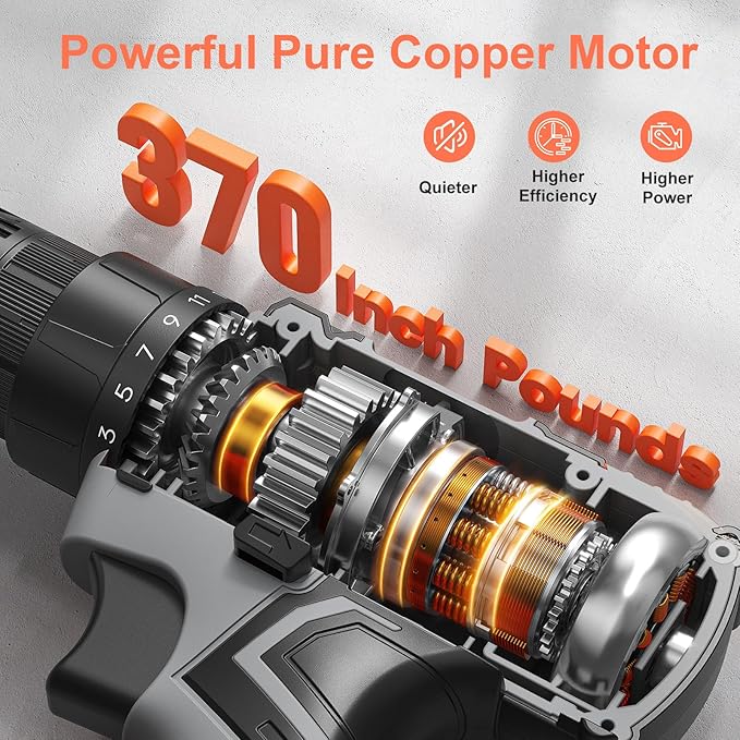 Cordless Drill, 20V Power Drill, Double 2000mAh Batteries Electric Drill, Cordless Drill with Battery and Charger, 3/8" Keyless Chuck Battery Drill with 25+1 Max 370 In-lb Torque, 42Pcs Drill Bits