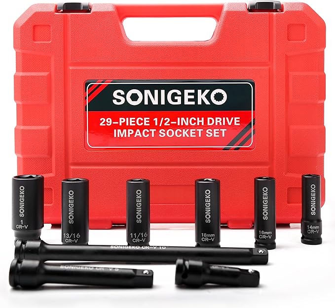 Socket Set 1/2" Drive Impact Socket Set,29-Piece 6 Point Deep Socket Set Standard SAE and Metric CR-V Steel Sockets with 3",5",10" extension bar (Metric and SAE, 1/2" Socket Set, 29pcs)