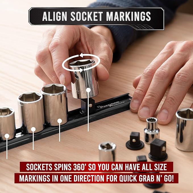Precision Defined Aluminum Tool Socket Holder | Black, Single 3/8-Inch Socket Organizer x 16 Clips | Heavy Duty Socket Rails Organizer, Socket Storage, Socket Tray 360 Rotation