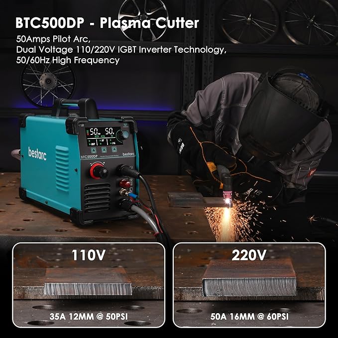 Plasma Cutter, Non Touch Pilot Arc, Air Sensor Technology, Large Digital Display Screen, BTC500DP 7Gen 50Amps 110/220V Dual Voltage, IGBT Plasma Cutter Machine (BTC500DP 7GEN 110/220V)