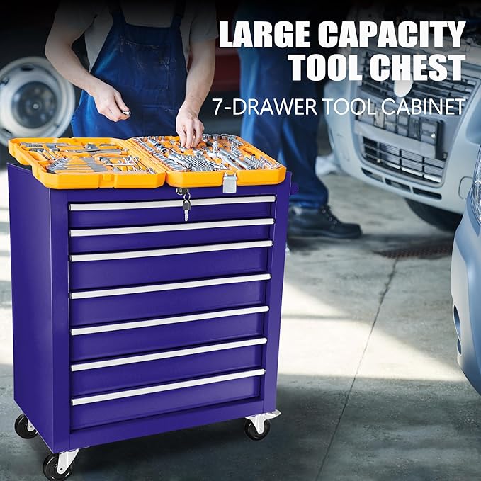 7 Drawer Metal Tool Chest 30 inch,Tool Cart On Wheels with Wheels,Mechanic Tool Cart with Lock and Toolboxes Trays for Garage Tool Storage Cabinet,(Blue)
