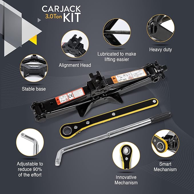 Car Jack Kit | Scissor Jack for Car 3 Ton (6,600 lbs) - Tire Jack Tool Kit | Portable, Ideal for SUV and Auto - Universal Car Emergency Kit with Lug Wrench | Heavy Duty Material