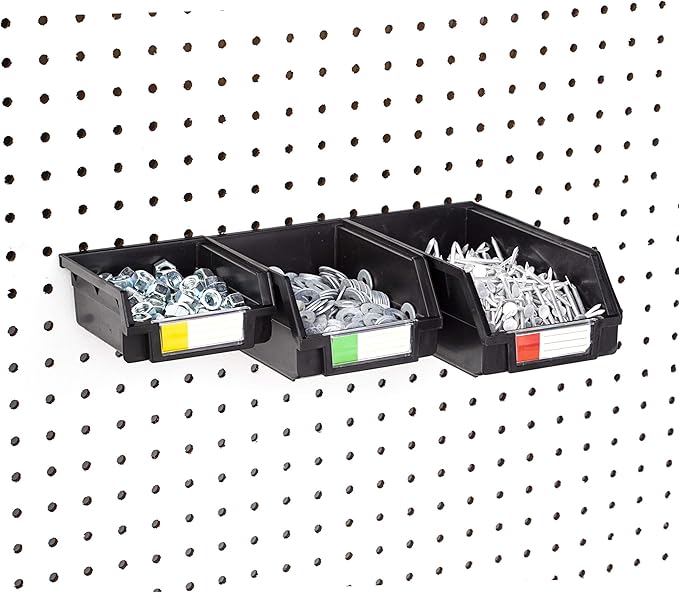 Pegboard Bins - 3 Sizes, Set of 12 - Hooks to Any Peg Board - Organize Hardware, Accessories, Attachments, Workbench, Garage Storage, Craft Room, Tool Shed, Hobby Supplies, Small Parts
