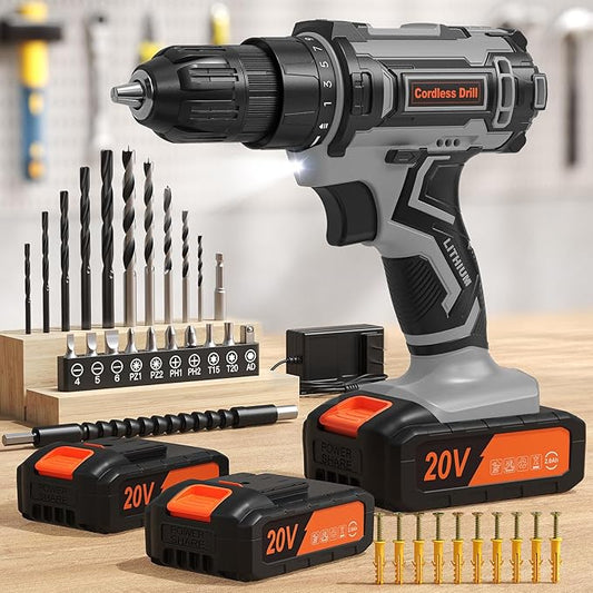 Cordless Drill, 20V Power Drill, Double 2000mAh Batteries Electric Drill, Cordless Drill with Battery and Charger, 3/8" Keyless Chuck Battery Drill with 25+1 Max 370 In-lb Torque, 42Pcs Drill Bits