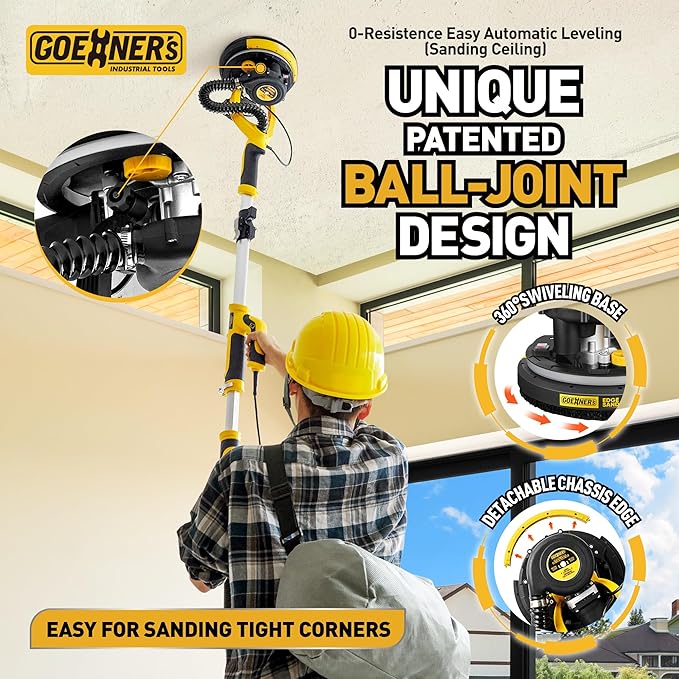 Drywall Sander, Electric Drywall Sander with Vacuum, 7 Variable Speed, 900-1800RPM, Labor-Saving Handle and Patented Fixture for Ceiling Sanding, LED Light, 14ft Dust Hose,26ft Power Cable,Storage Bag