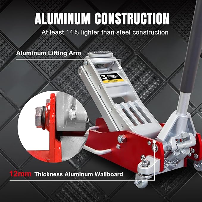 BIG RED AT830003XLR-1 Torin Low Profile Aluminum Floor Jack with Double Quick Lift Pump, 3 Ton (6,000 lb.) Capacity, Red