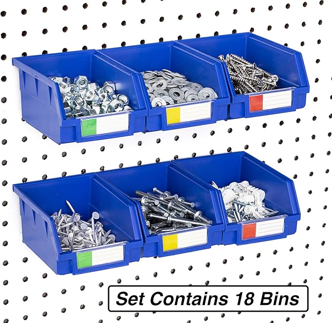 Pegboard Bins – 18 Pack Blue Large - Hooks to Any Peg Board - Organize Hardware, Accessories, Attachments, Workbench, Garage Storage, Craft Room, Tool Shed, Hobby Supplies, Small Parts