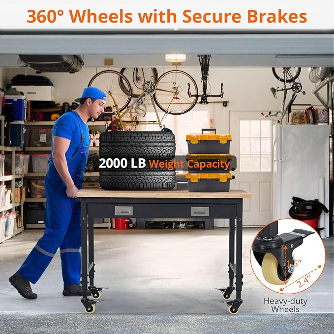 48" Adjustable Workbench, Heavy Duty Workstation with Drawer Storage, 2000LB Load Capacity, Rubber Wood Shop Table Workstation with Power Outlets & Rolling Wheels, Workbench for Workshop Garage