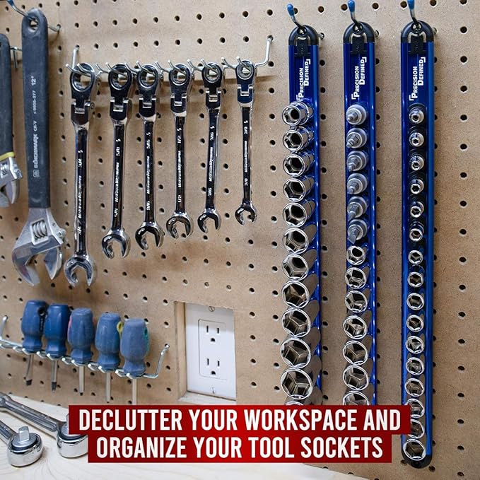 Precision Defined Aluminum Tool Socket Holder | Blue, Single 3/8-Inch Socket Organizer x 16 Clips | Heavy Duty Socket Rails Organizer, Socket Storage, Socket Tray 360 Rotation