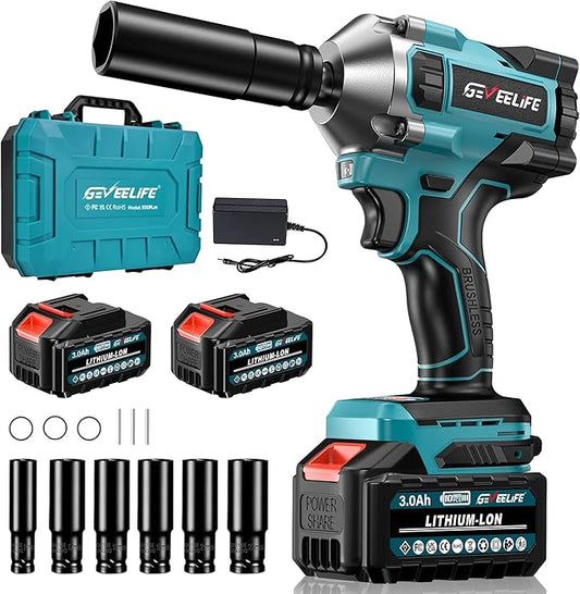 550N.m/400Ft-lbs Brushless Impact Wrench,1/2" Cordless Impact Gun w/ 2x3.0Ah Battery & 6 Sockets, 2450RPM Power Electric Impact Driver for Car/DIY Furniture/Lawn Mower, Blue Toolbox
