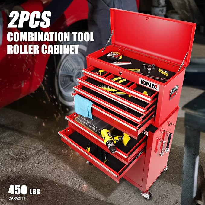 DNA MOTORING TOOLS-00265 2 Pcs Combination Tool Rolling Cabinet 2-in-1 Detachable Toolbox Organizer Chest High Capacity Storage with Locking System, Red