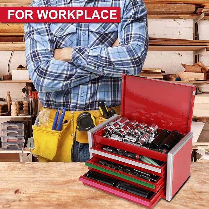P.I.T. Mini Red Tool Box, Portable 3 Colorful Drawer Steel Tool Box with Magnetic Tab Locking, Red Micro Top Chest with Liner for Tools Storage, Home DIY
