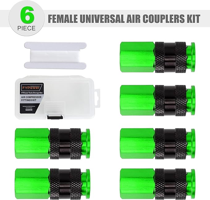 Air Hose Fittings, 6 Pieces AMT Universal Air Couplers with 1/4" NPT Female Threads, Green