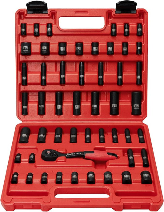 AMM 51-Piece 1/4" Drive Impact Socket Set, Deep & Shallow Socket Set with ratchet, Standard SAE (5/32 to 9/16 inch) and Metric (4-15mm) Size, 6 Point, Cr-V