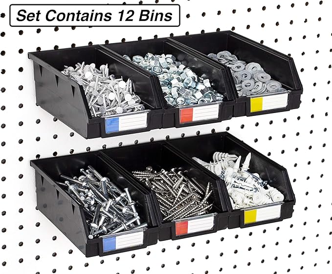 Pegboard Bins – 12 Pack Black Extra Large - Hooks to Any Peg Board - Organize Hardware, Accessories, Attachments, Workbench, Garage Storage, Craft Room, Tool Shed, Hobby Supplies, Parts