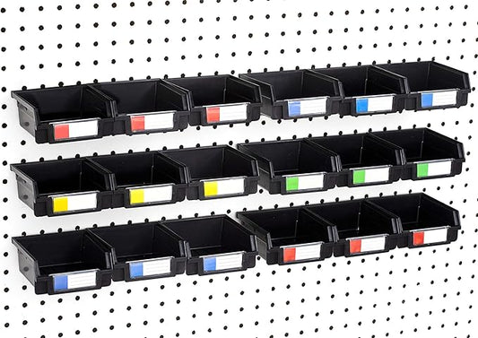 Pegboard Bins – 18 Pack Black - Hooks to Any Peg Board - Organize Hardware, Accessories, Attachments, Workbench, Garage Storage, Craft Room, Tool Shed, Hobby Supplies, Small Parts