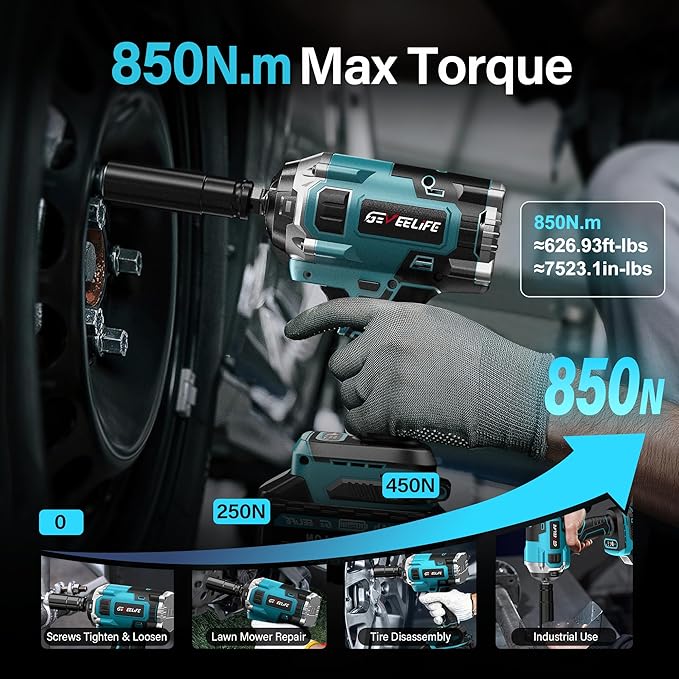 850N.m (640Ft-lbs) Brushless Impact Wrench, 1/2" Cordless Impact Gun w/ 2x 5.55Ah Battery, 2h Fast Charger & 6 Sockets, 3300RPM Power Impact Driver for Car/DIY Furniture/Lawn Mower