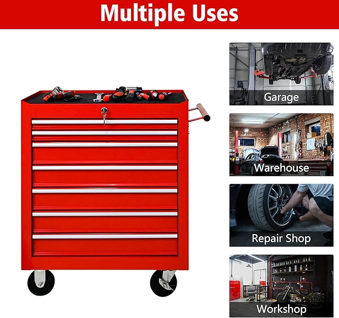 7 Drawer Metal Tool Chest 30 inch,Tool Cart On Wheels with Wheels,Mechanic Tool Cart with Lock and Toolboxes Trays for Garage Tool Storage Cabinet (Red)