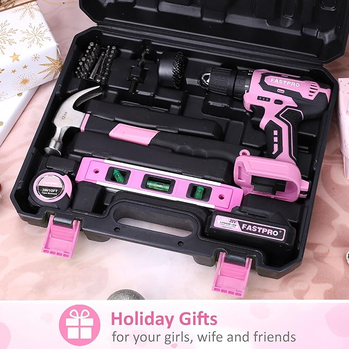 FASTPRO 177-Piece 20V Pink Cordless Lithium-ion Drill Driver and Home Tool Set, Lady's Home Repairing Tool Kit with Drill in Tool Storage Case