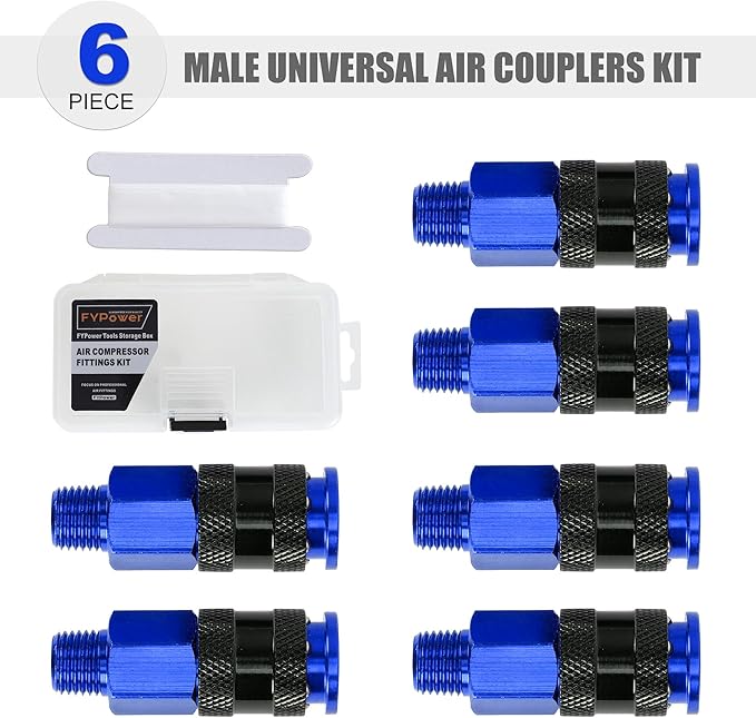 Air Hose Fittings, 6 Pieces AMT Universal Air Couplers with 1/4" NPT Male Threads, Blue