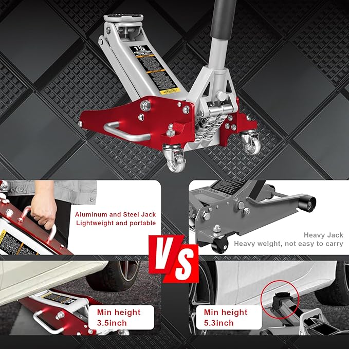 BIG RED AT815016LR Torin Hydraulic Low Profile Aluminum and Steel Racing Floor Jack with Dual Piston Quick Lift Pump, 1.5 Ton (3,000 lb) Capacity, Red