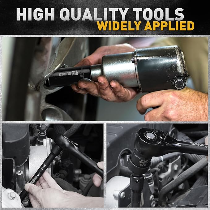 ELEAD 3/8" Drive Impact Socket Set, 50-Piece Standard SAE (5/16 to 3/4 inch) and Metric (8-22mm) Size, Deep & Shallow, 6 Point, Cr-V, 72-Tooth Ratchet Handle, Extension Bar, Universal Joint