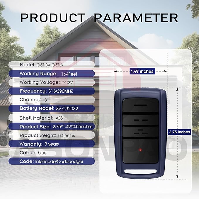 2 X O3T-BX O3T-A Overhead Door Garage Door Opener Remote 3-Year-Warranty Auto-Seek 315/390MHZ