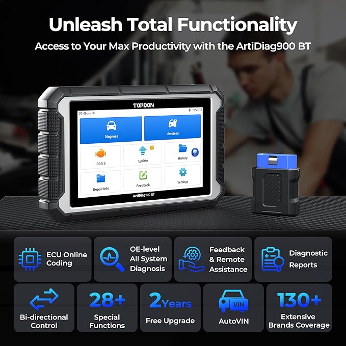 OBD2 Scanner Diagnostic Tool, TOPDON AD900BT Bidirectional Scan Tool with ECU Coding, 28+ Services, Automotive All Systems Diagnosis Scanner for Car with 2 Years Updates, Active Test