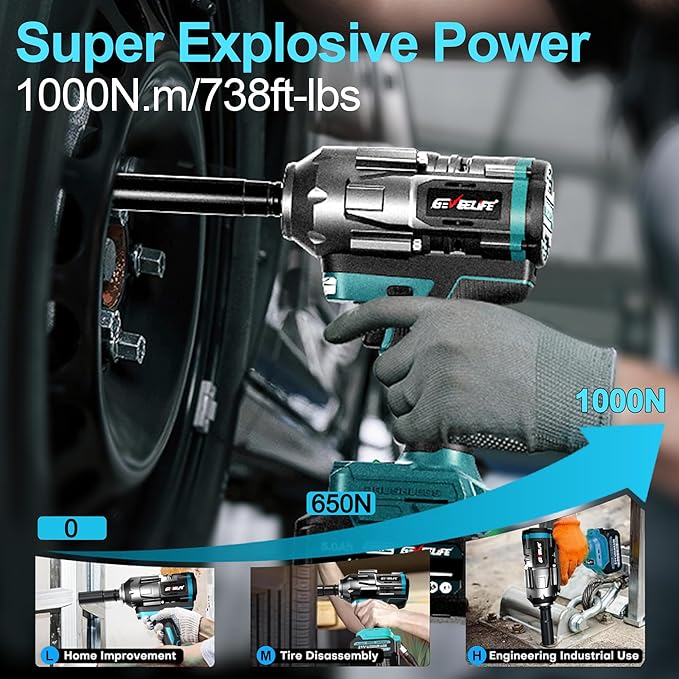 1000N.m (738Ft-lbs) Brushless Impact Wrench, 1/2" Cordless Impact Gun w/ 2x 5.0Ah Battery, Fast Charger & 6 Sockets, 3800RPM Electric Impact Driver for Truck Car/Home DIY/Industry