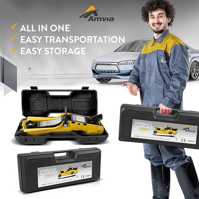 Floor Jack Kit 2 Ton with Case (4,400 lbs) | Car Jack Kit - Hydraulic Low Profile Jack | Trolley Jack - Tire Jack Tool Kit | Portable, Ideal for SUV and Auto - Universal Car Jack Kit with Lug Wrench