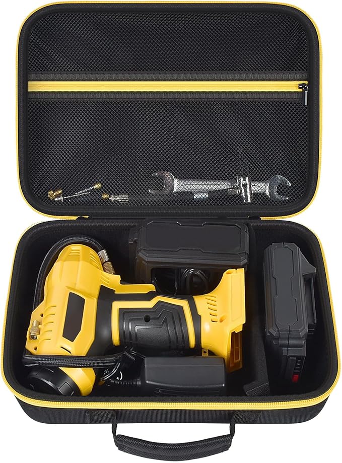 GWCASE Hard Storage Travel Case Compatible with Tire Inflator Portable Air Compressor 20V and 12V Car Power Adapter. Mesh Pocket for Accessories, Built-in Dividers, Black（Bag Only）