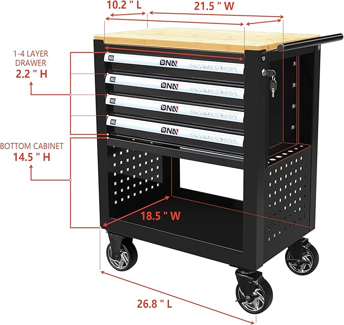 DNA MOTORING 30" W X 37" H X 18" D Large Capacity 4-Drawer Chest Rolling Tool Cart Locking Swivel Cabinet (TOOLS-00003) with Keys, Black