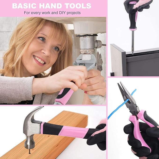 FASTPRO 232-Piece 20V Pink Cordless Lithium-ion Drill Driver and Home Tool Set, Lady's Repairing Kit with 12-Inch Wide Mouth Open Storage Bag